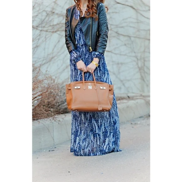 H&M // ultra-glam blue & white feathered print semi-sheer long maxi dress - Picture 5 of 15